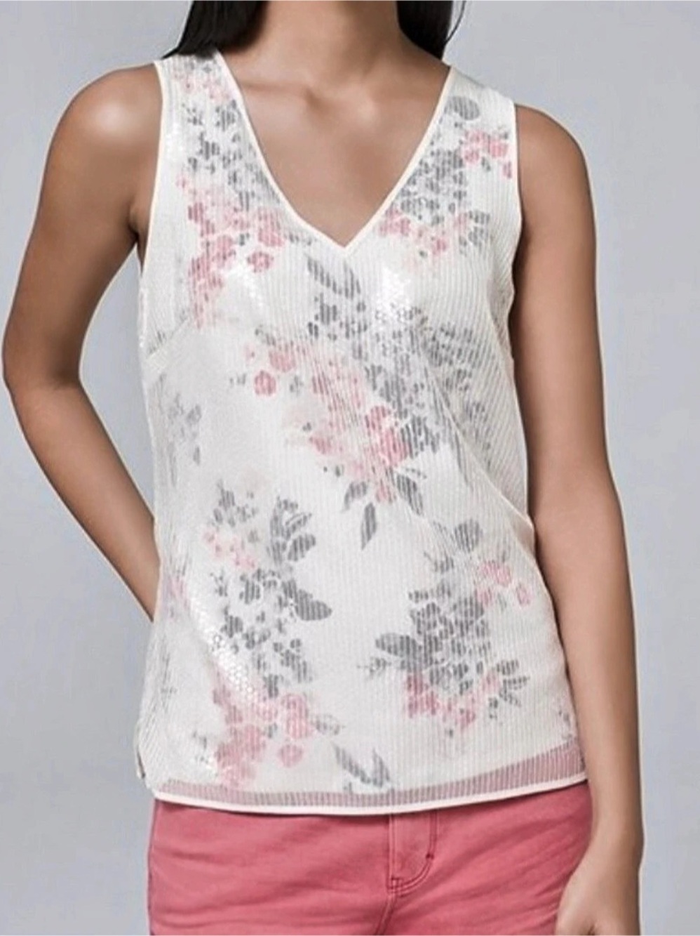 White House Black Market Sequin Overlay Tank Floral Sequin Tank in White & Pink